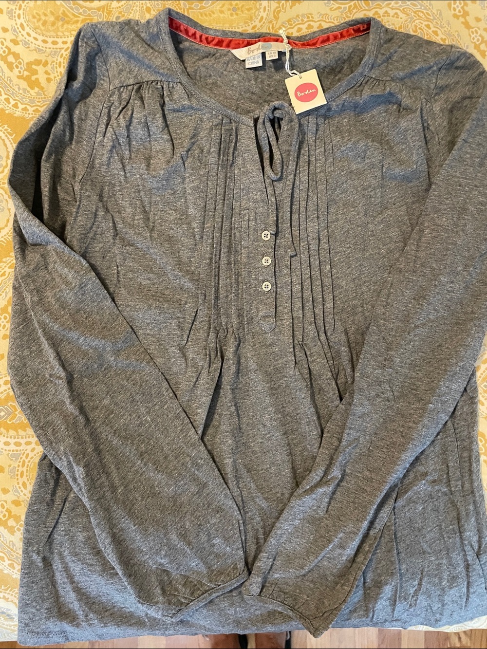 Boden Gray Long-Sleeve Pintuck Henley with Tie Neck